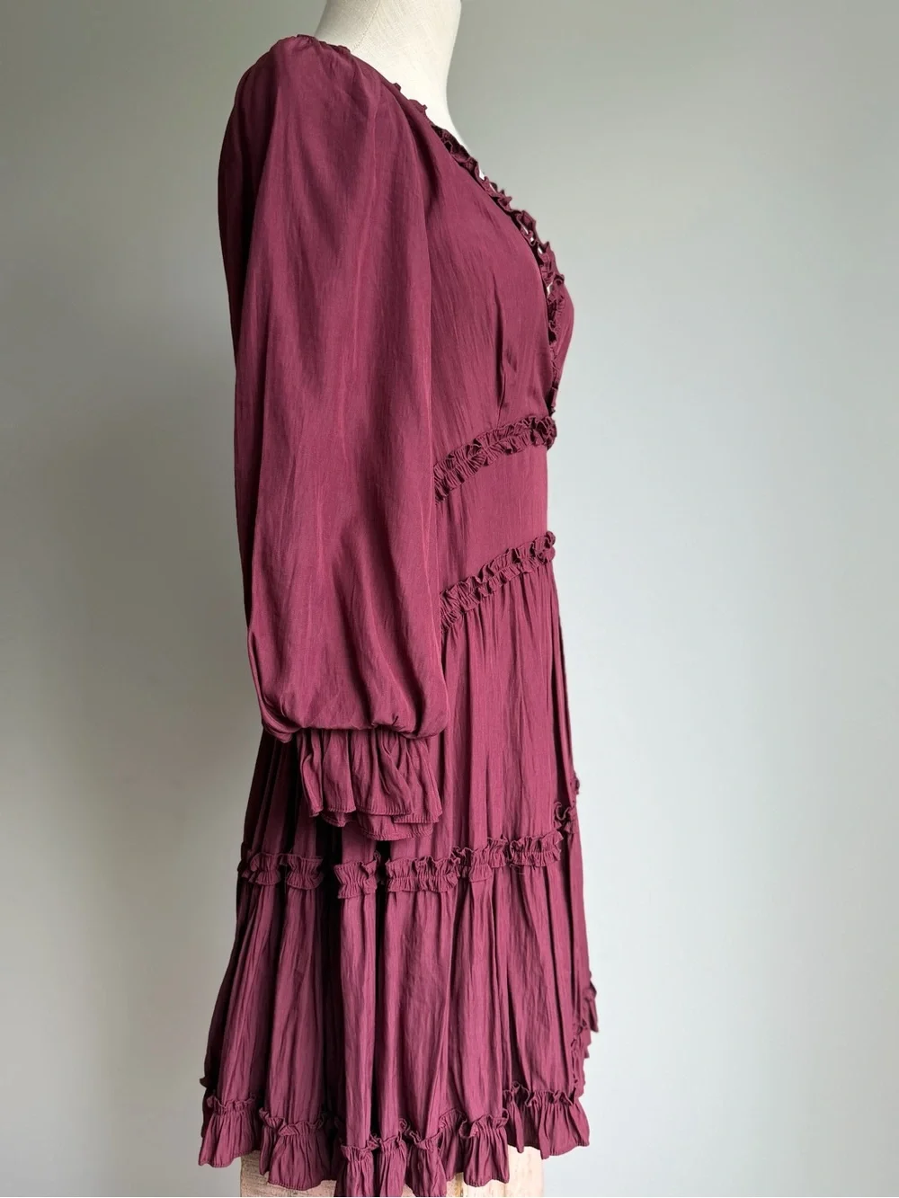 Mustard Seed Ruffle Tiered V-Neck Dress - Wine